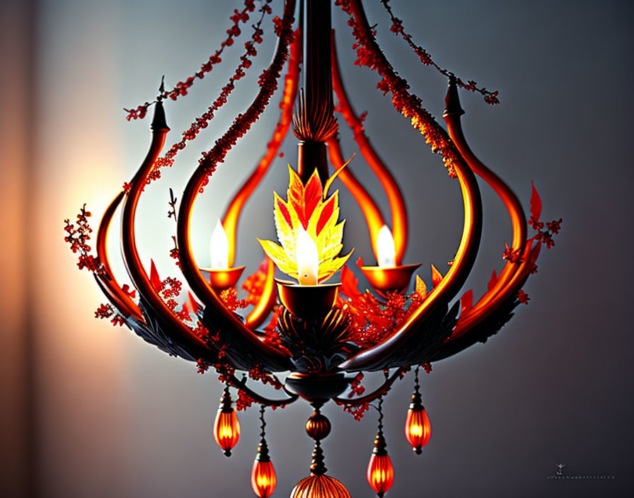 Elaborate digital artwork of crimson chandelier with flame motifs