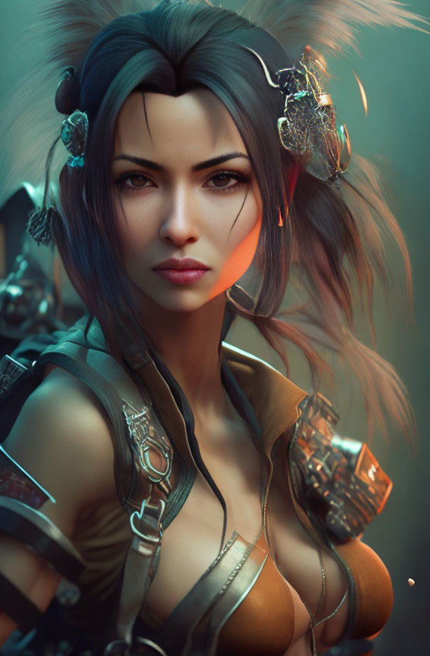 Futuristic digital artwork of a woman with cybernetic enhancements