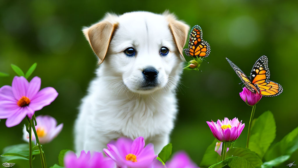 White Puppy with Brown Ears Surrounded by Pink Flowers and Monarch Butterflies