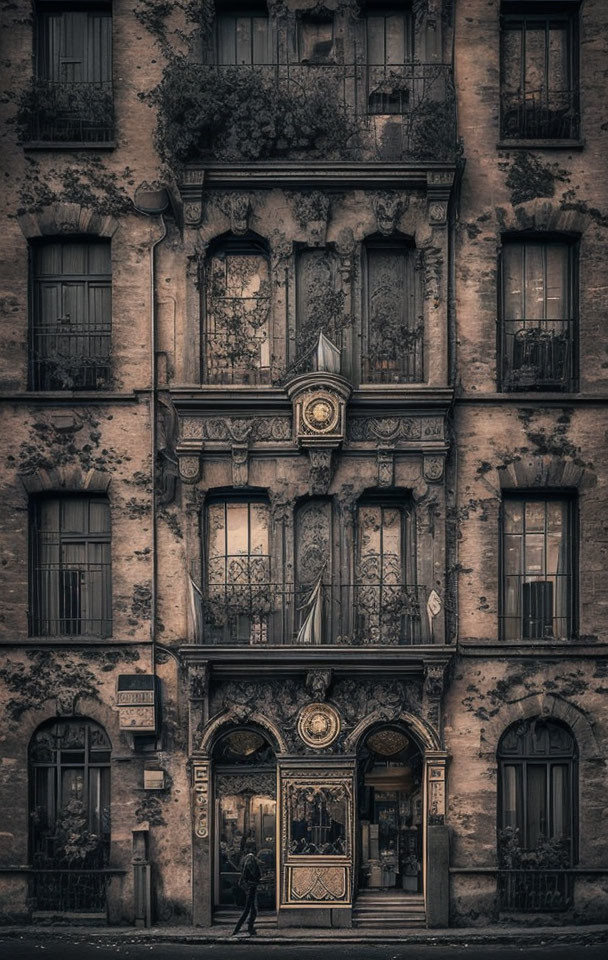 Weathered, ornate building with vines, balconies, vintage shop, and passerby.