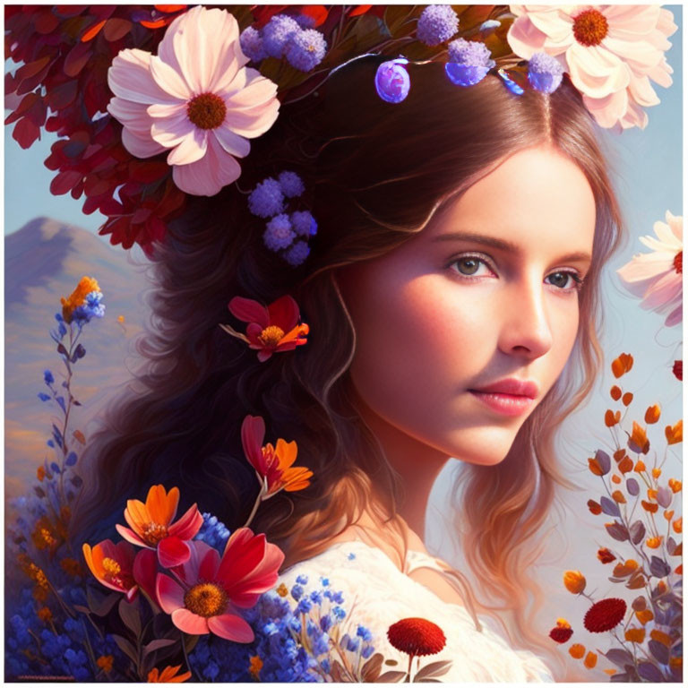 Woman with floral crown surrounded by colorful flowers on cloud-like background