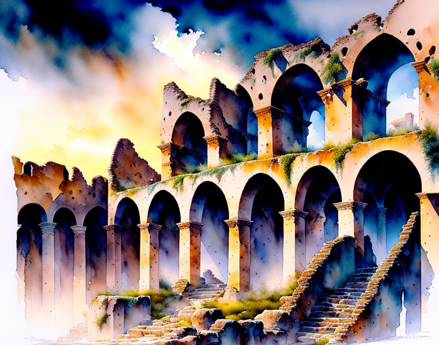 Ancient ruin with double arches and staircases in vibrant watercolor