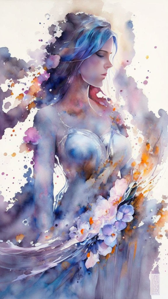 Watercolor illustration: Woman with blue-tinted hair in abstract floral blend