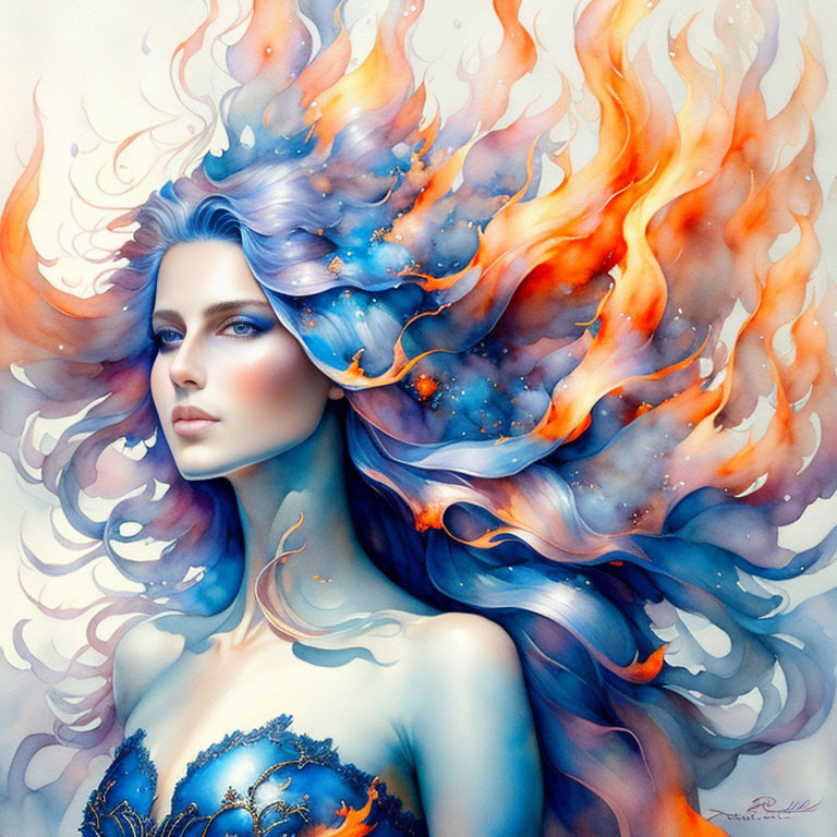 Ethereal woman with fiery hair in cosmic sky with stars and nebulas