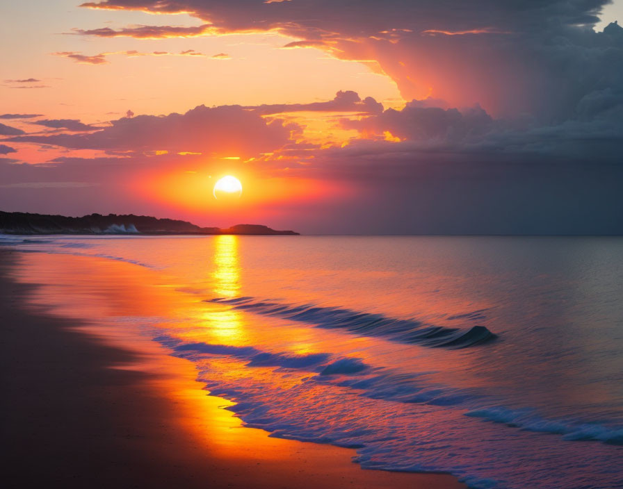 Scenic sunset over calm ocean with orange hues and cloudy sky