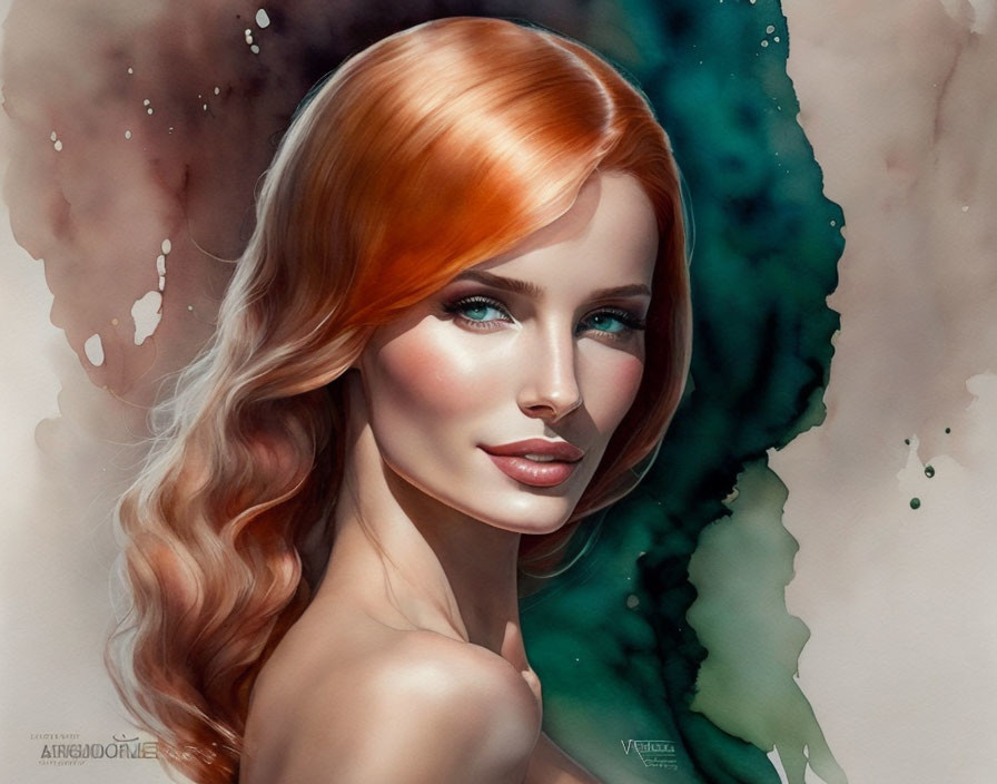 Woman with Flowing Red Hair and Blue Eyes in Abstract Watercolor Portrait