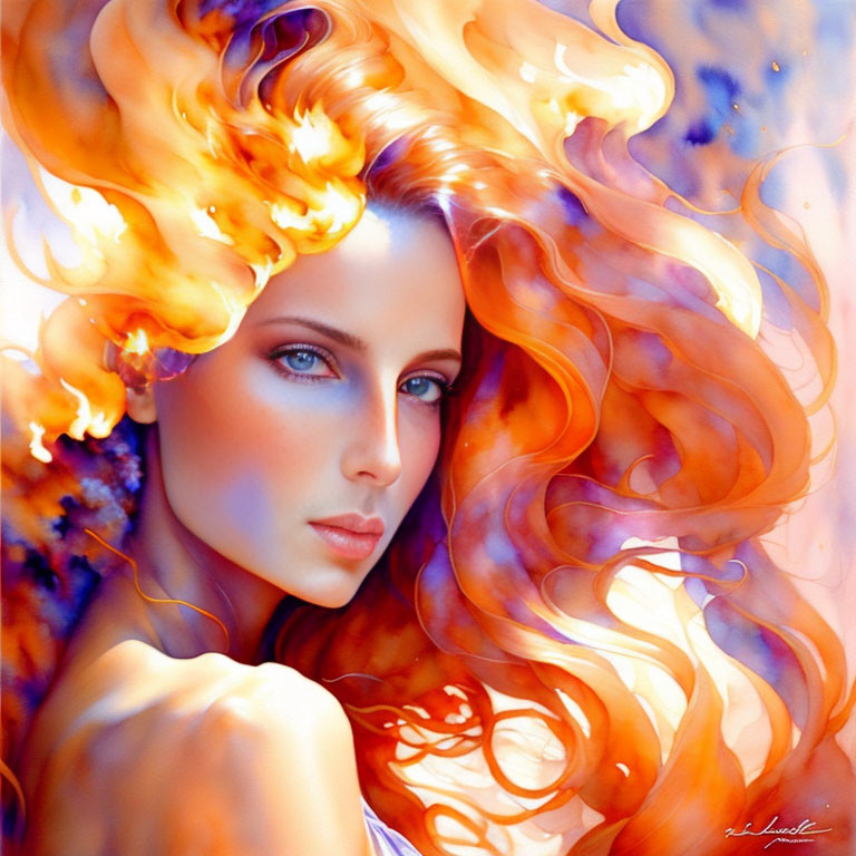 Fiery-haired woman blending into flames on soft background