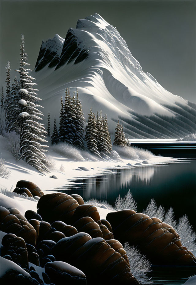 Snow-covered mountains, pine trees, and reflective lake in serene winter landscape