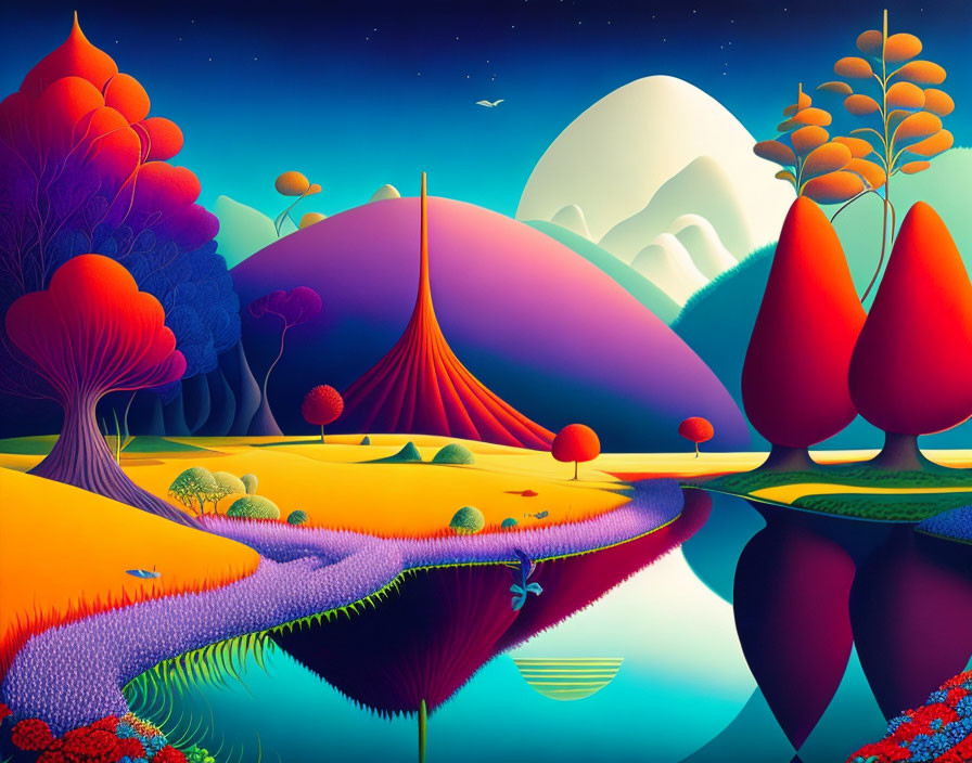 Colorful surreal landscape with stylized trees, river, hills, and moon