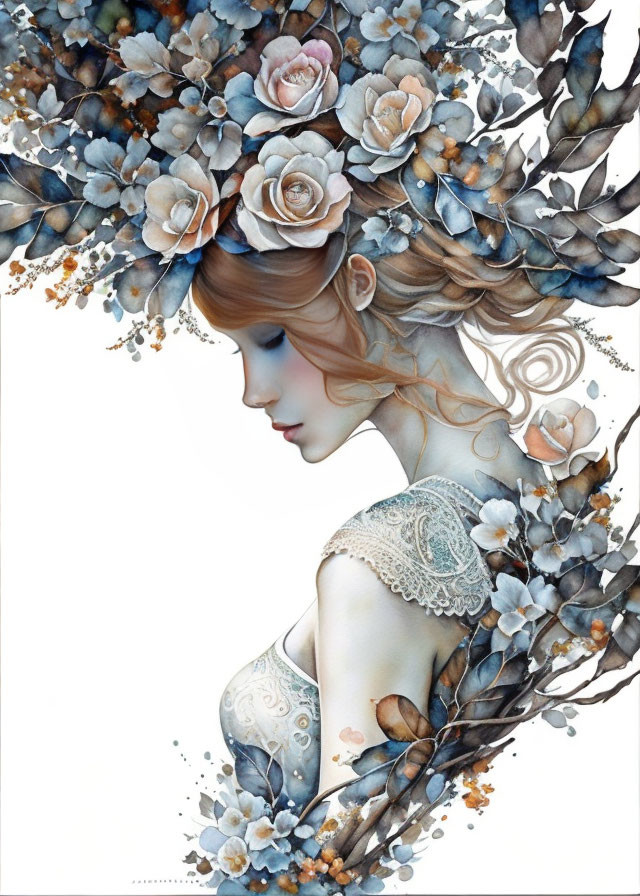 Detailed Profile Illustration of Woman Adorned with Flowers