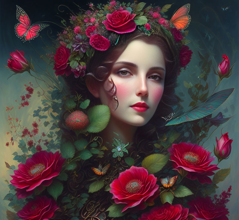 Portrait of woman with floral headpiece and butterflies in vibrant red and green setting