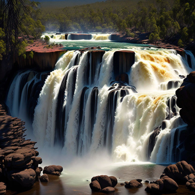 Majestic waterfall cascading over rocky ledges in dense forest landscape