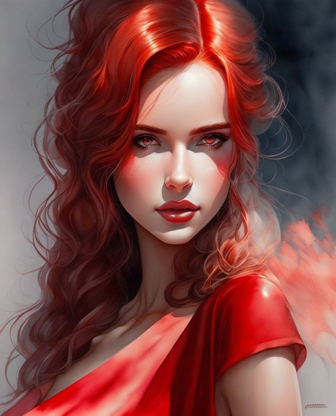 Vibrant red hair and lips in digital portrait with penetrating gaze