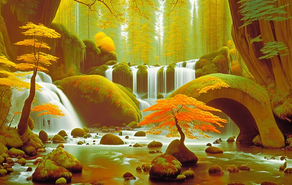 Tranquil autumn forest with waterfall, golden foliage, moss-covered rocks