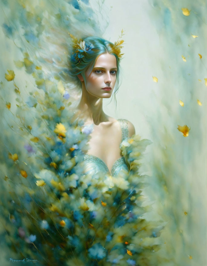 Blue-haired woman with floral crown in misty yellow swirl