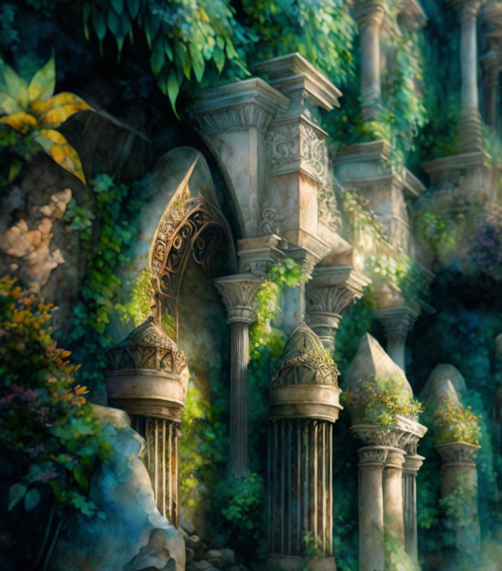 Ancient ruins with ornate columns and arches in lush greenery