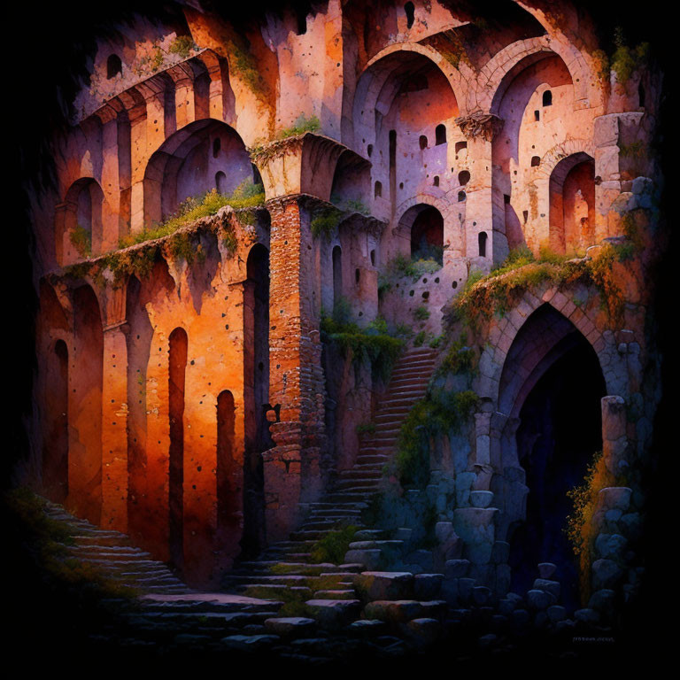 Moody painting of dilapidated stone staircase in abandoned complex