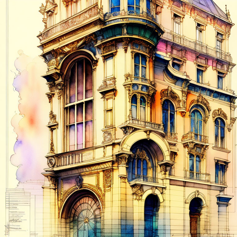 Vibrant sketch of European-style ornate building with large windows and arched doorways