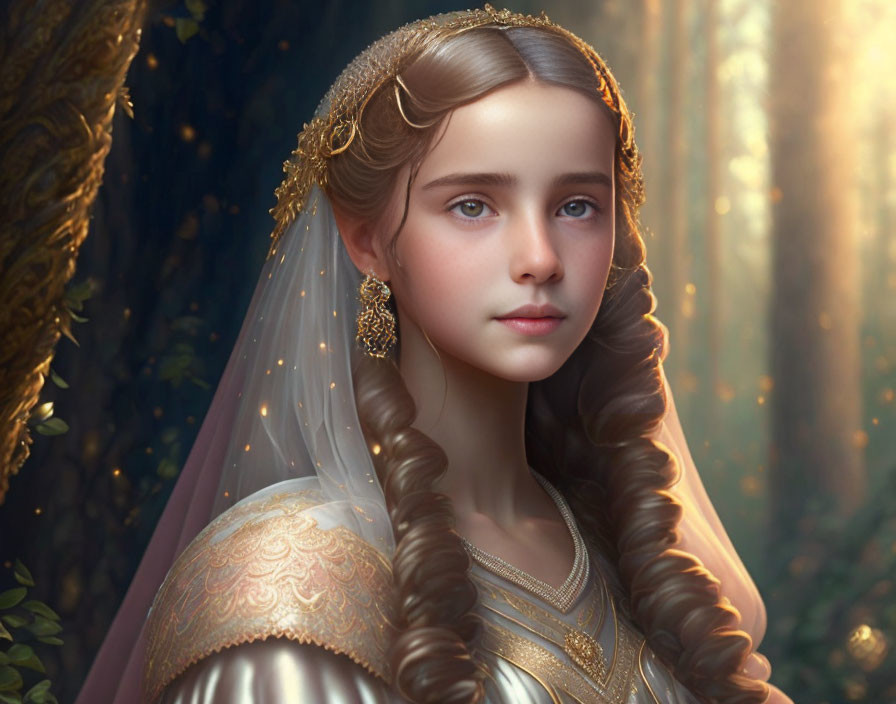 Digital artwork: Young woman with braided hair in gold-trimmed veil and ornate dress in