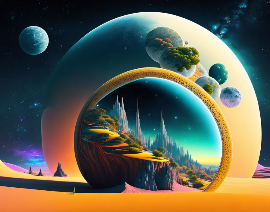 Surreal landscape with infinite loop structure and diverse ecosystems under orange sky