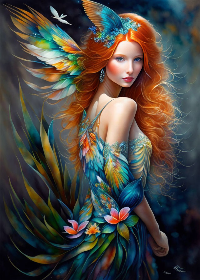 Whimsical fairy with multicolored wings in mystical forest.