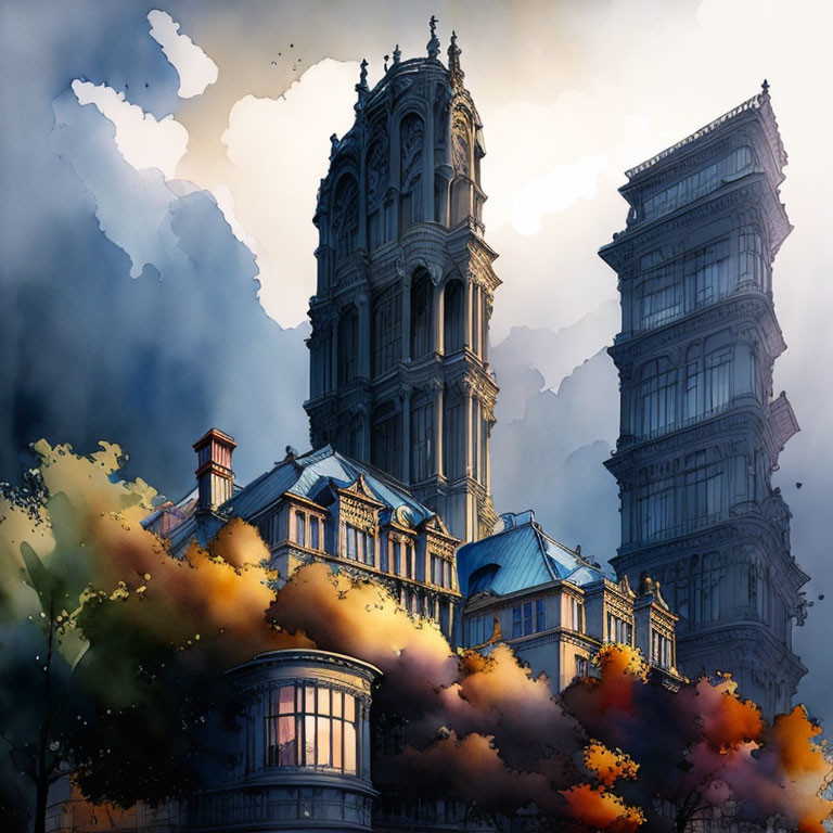 Stylized illustration of grand gothic building in autumn setting