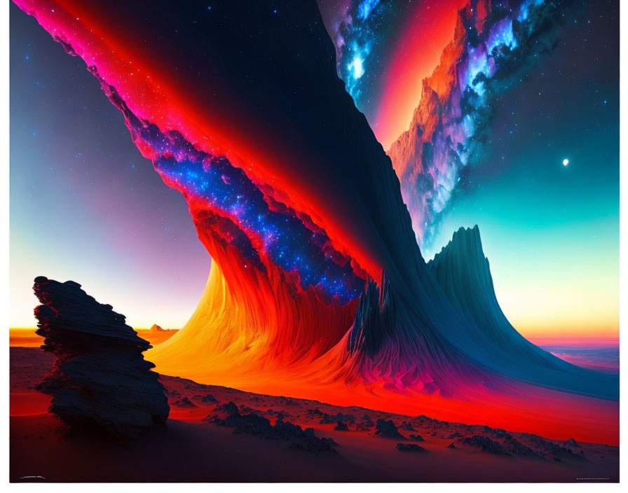 Colorful digital artwork: Desert landscape with flowing rock formation under star-filled sky.