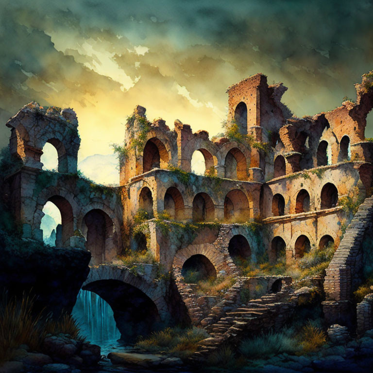 Digital painting: Dilapidated ancient ruin with arched doorways in sunset.