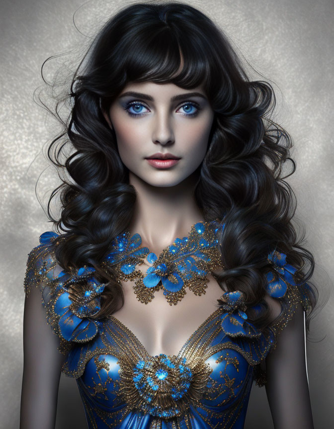 Woman with Curly Black Hair in Blue and Gold Dress