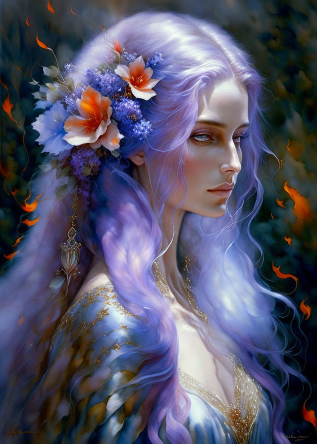 Fantasy portrait of woman with purple hair and flowers, gazing dreamily against blue background with floating