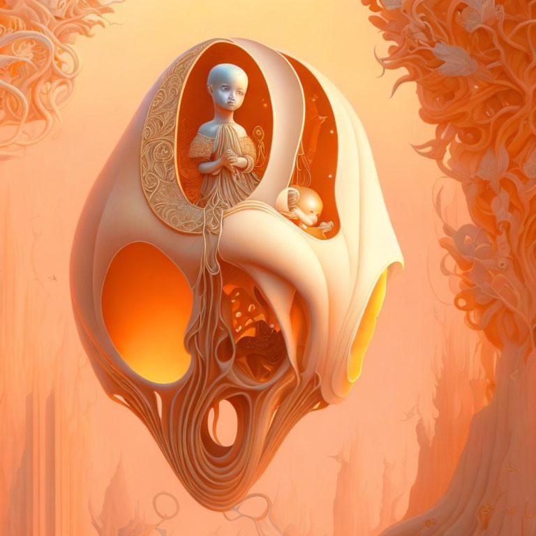 Surreal illustration of bald humanoid meditating in ornate skull structure