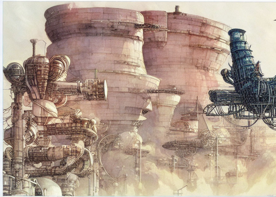 Detailed retro-futuristic mechanical towers against cloudy sky