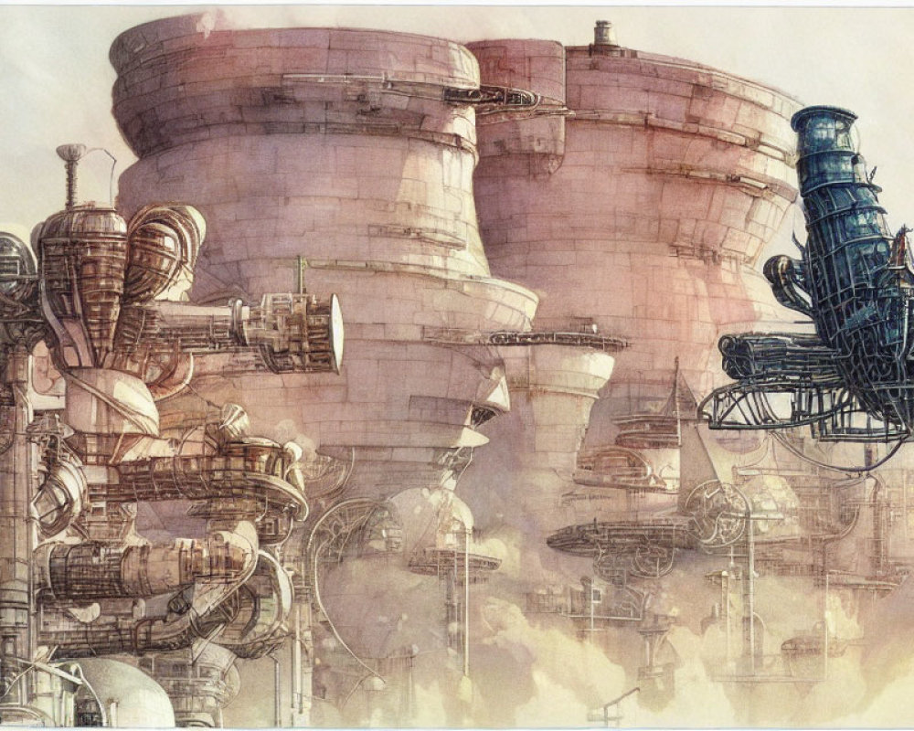 Detailed retro-futuristic mechanical towers against cloudy sky