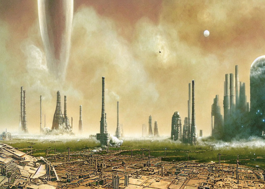 Industrial science fiction landscape with smoke plumes and planetary bodies in the sky