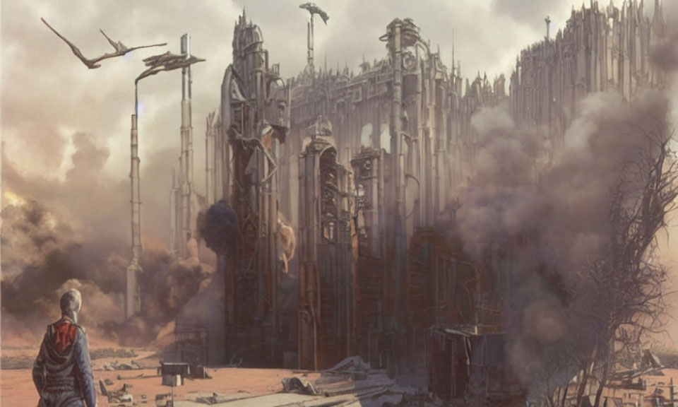 Dystopian landscape with ruins, towering structures, and flying crafts