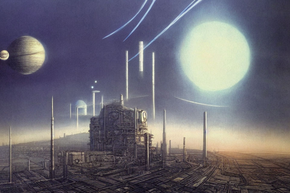 Futuristic cityscape with towering structures and multiple moons