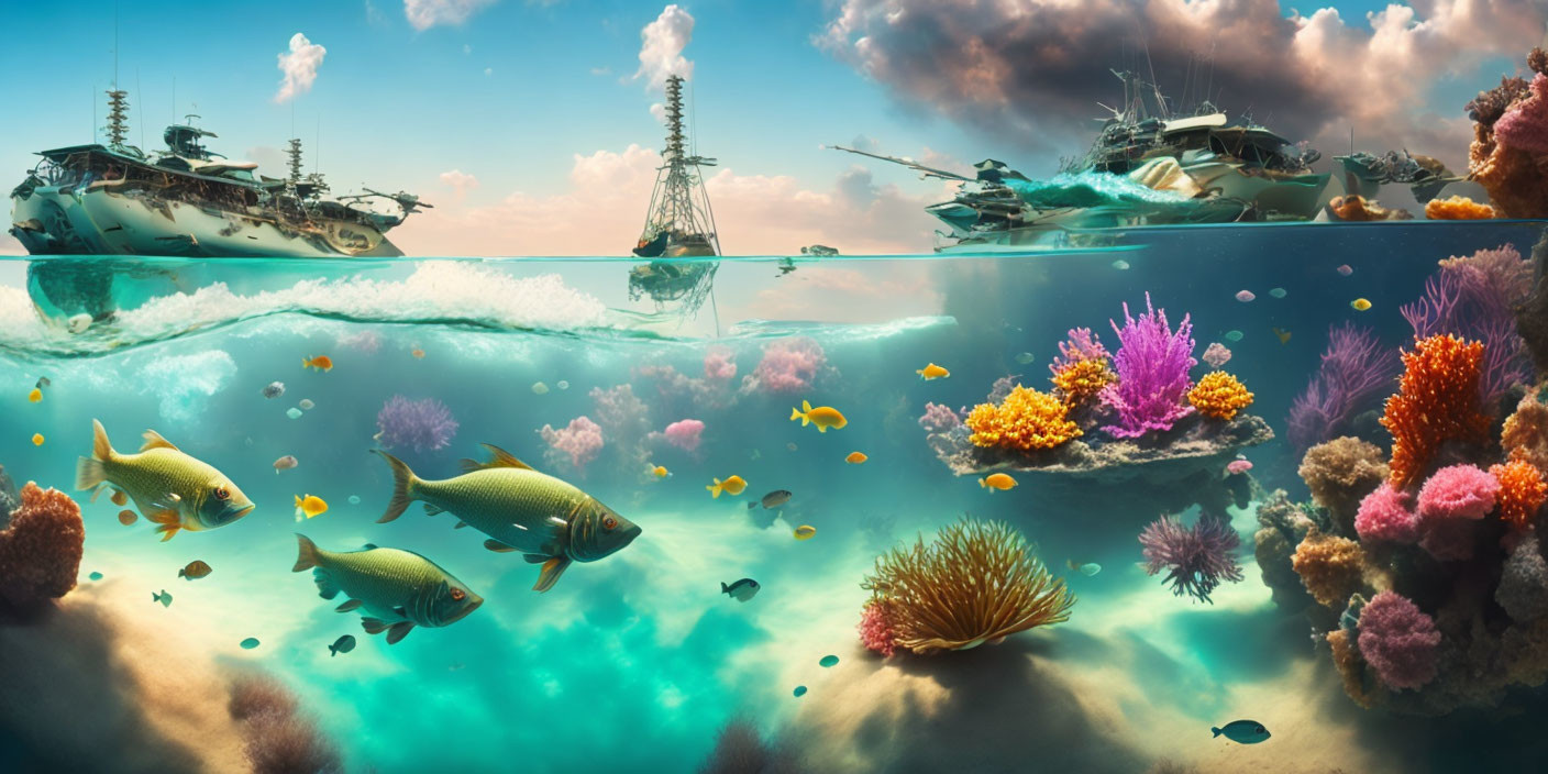 Colorful Coral Reefs and Abandoned Ships in Surreal Underwater Scene