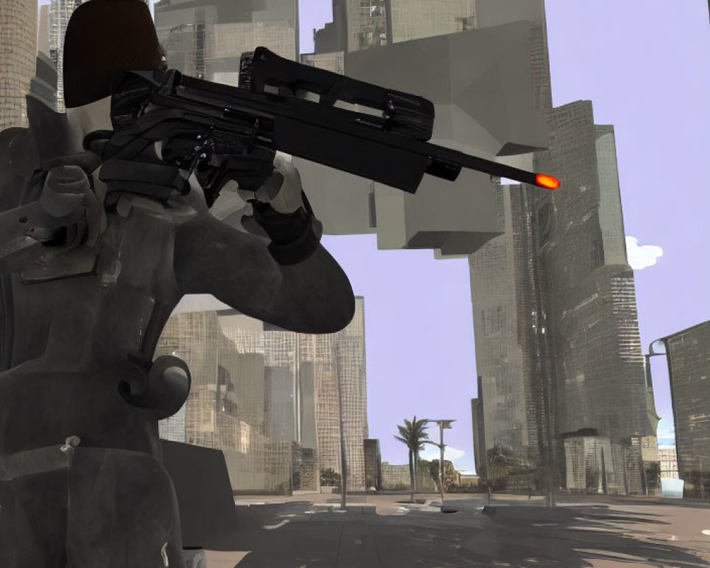 Person in combat gear with sniper rifle in futuristic urban setting