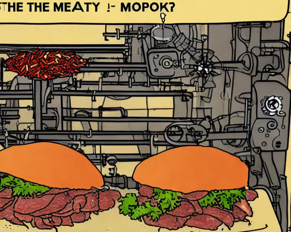 Illustration of Burger Assembly Line with Foreign Script Text Bubbles