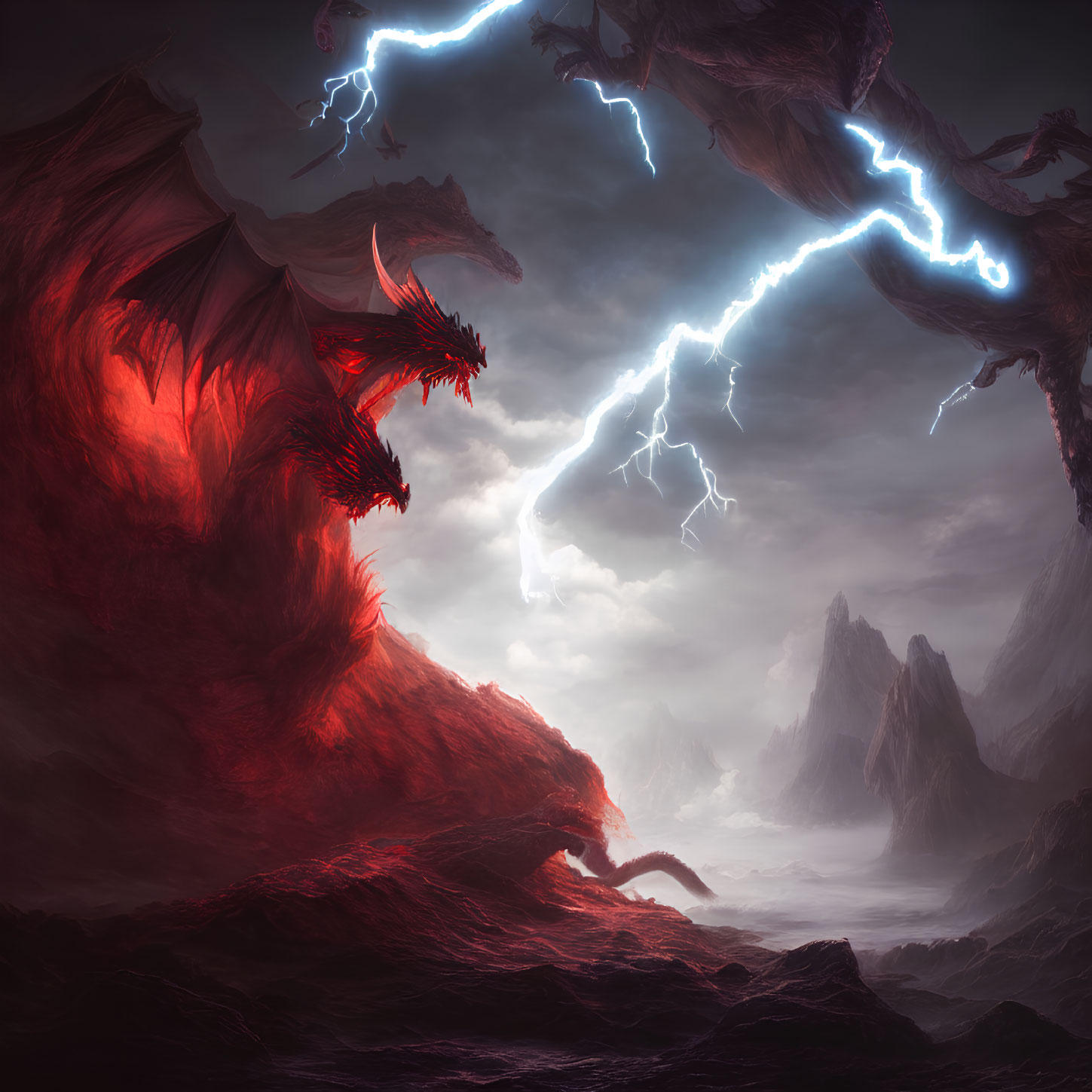 Red dragon on rocky landscape under stormy sky with mountains.