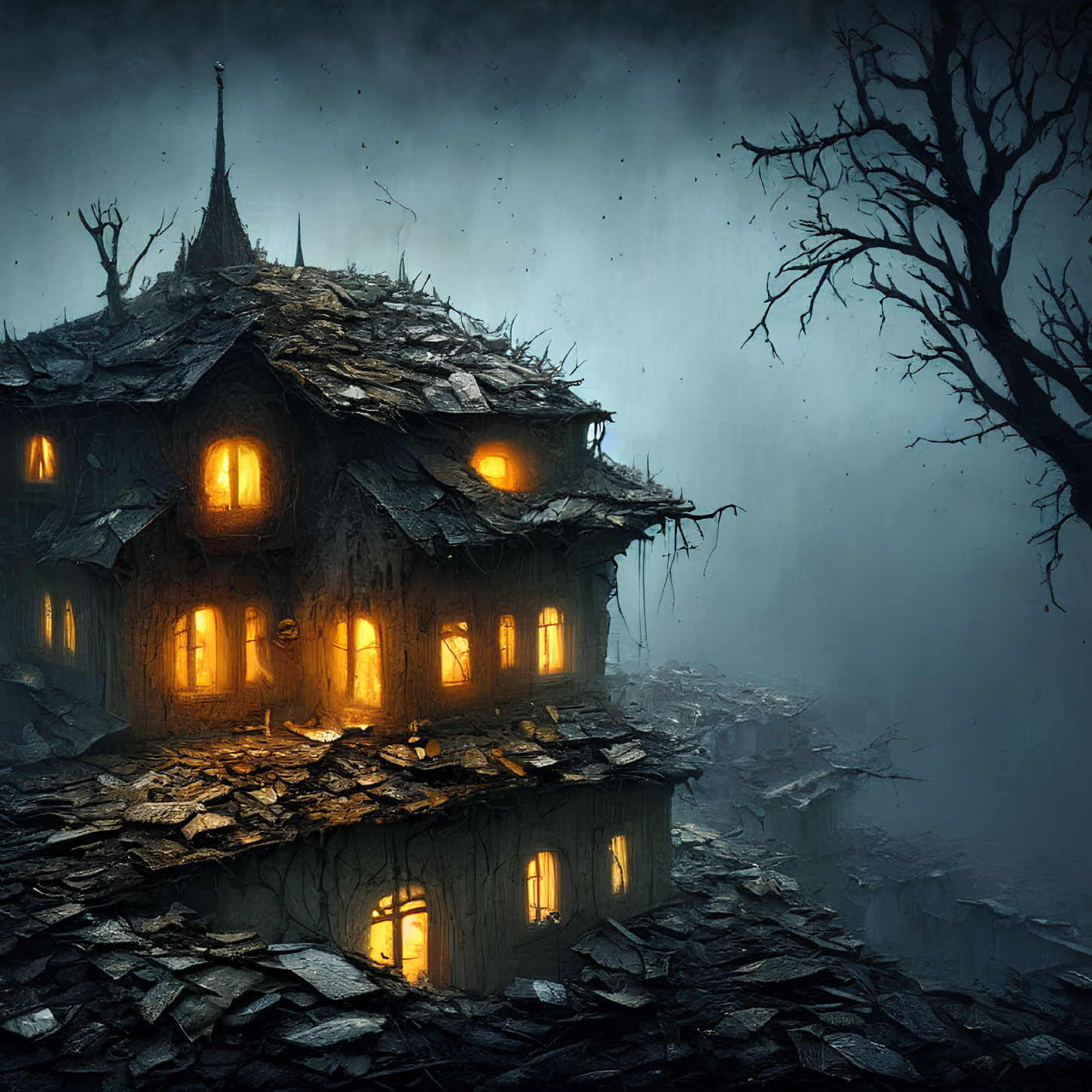 Eerie illustration of a dilapidated house on a cliff in a dark, rainy setting