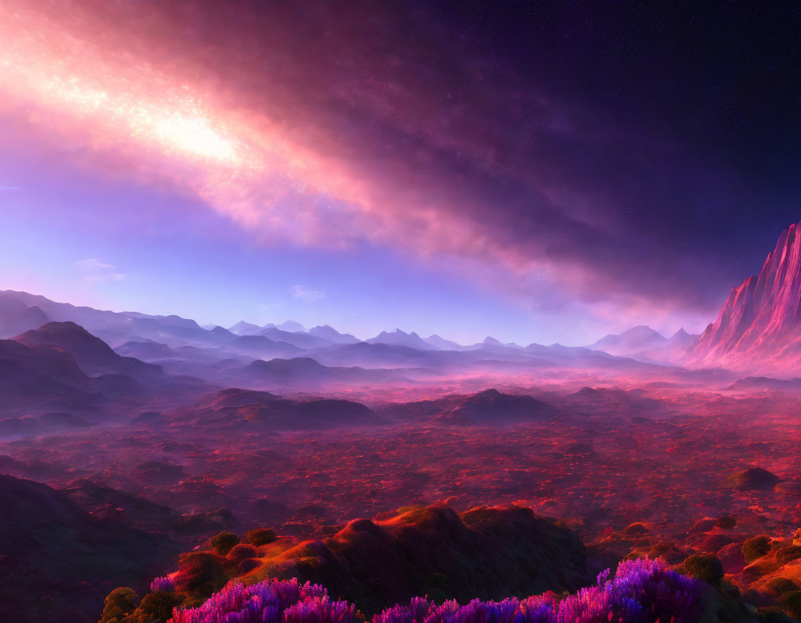 Alien landscape with purple flora and crimson terrain under starry sky