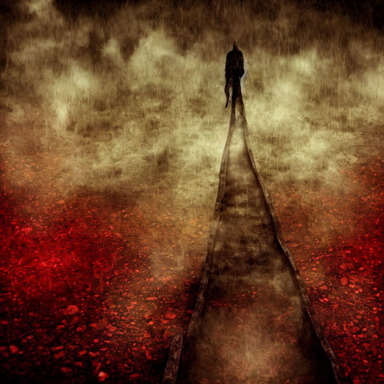 Solitary Figure Walking on Misty Path with Deep Red Hues