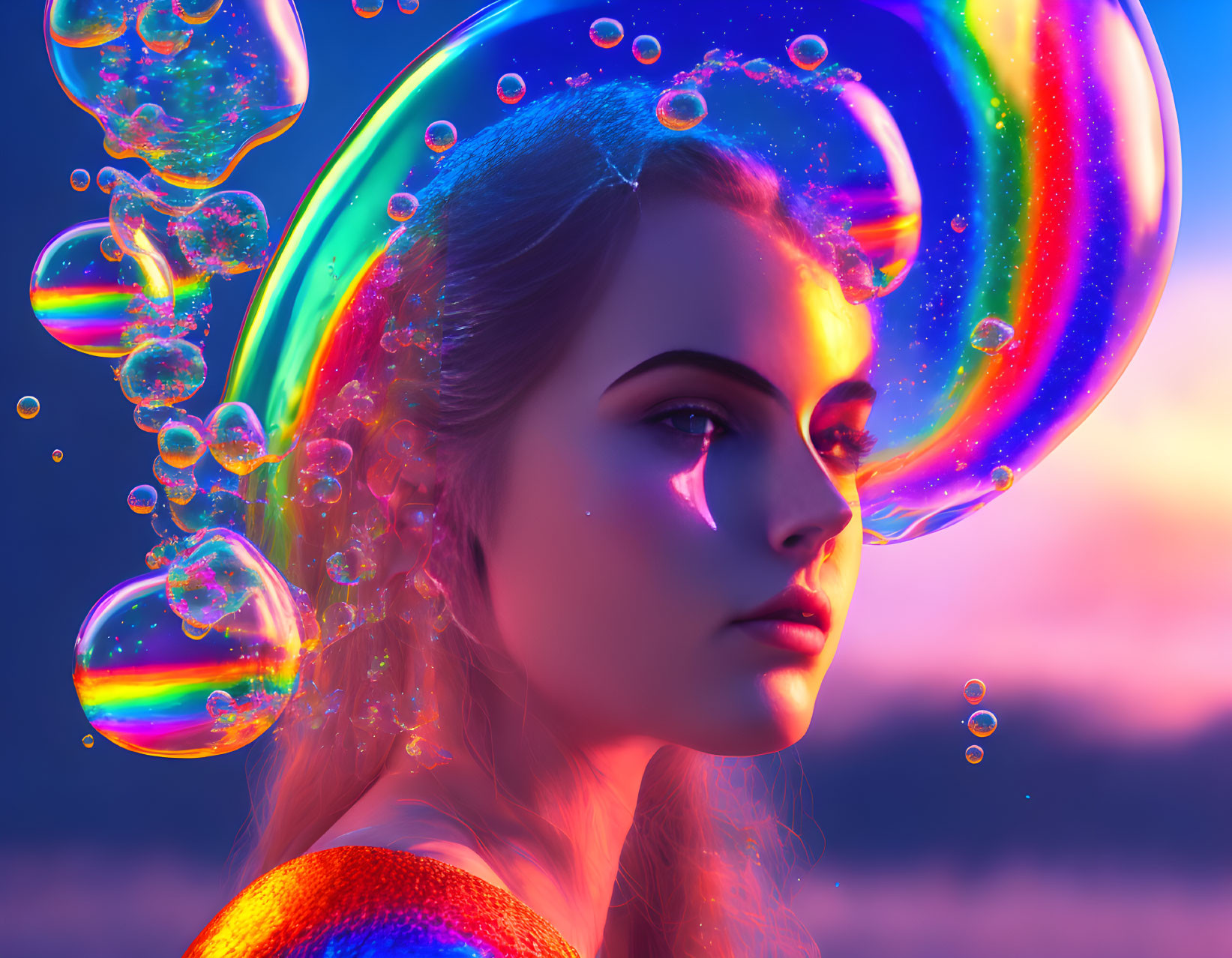 Profile of woman with iridescent soap bubbles against vibrant sunset.