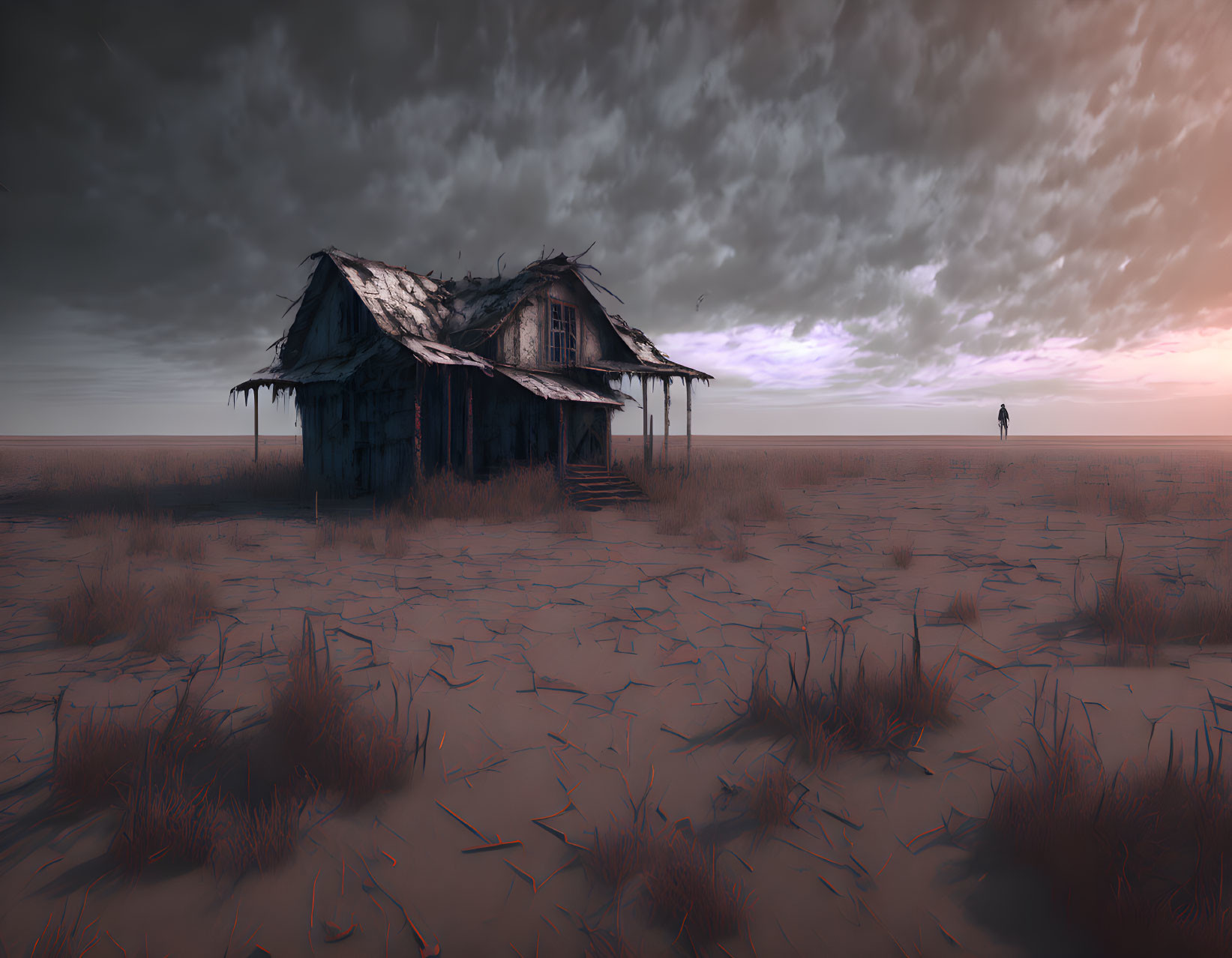 Barren cracked landscape with old wooden house and solitary figure.