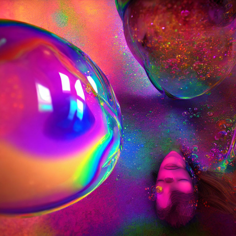 Woman's Face Submerged in Colorful Liquid with Bubbles and Sparkles