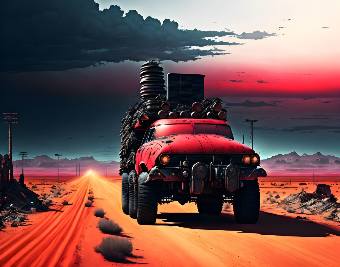 Modified vehicle with oversized tires driving in desert at sunset