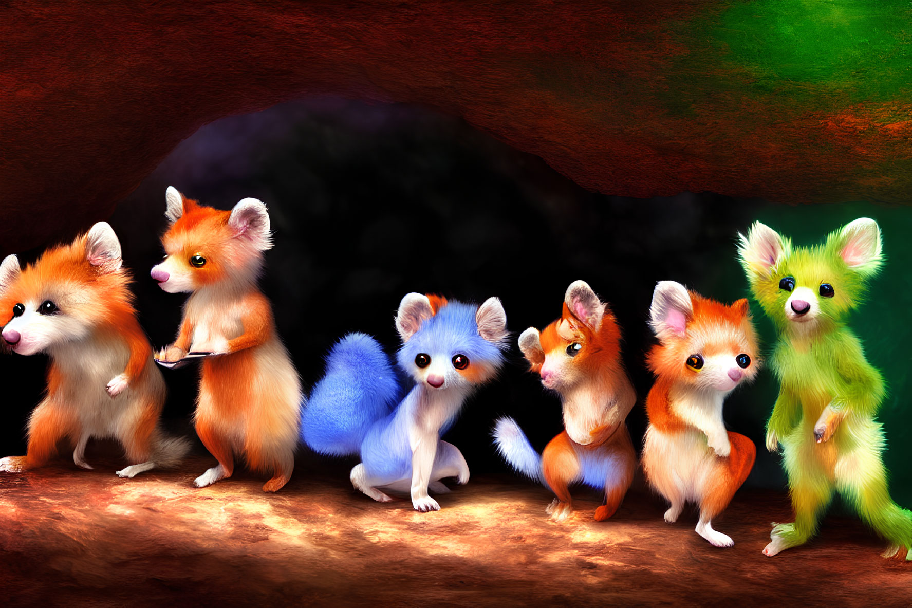 Vibrant illustrated foxes in orange, blue, and green by a dark cave