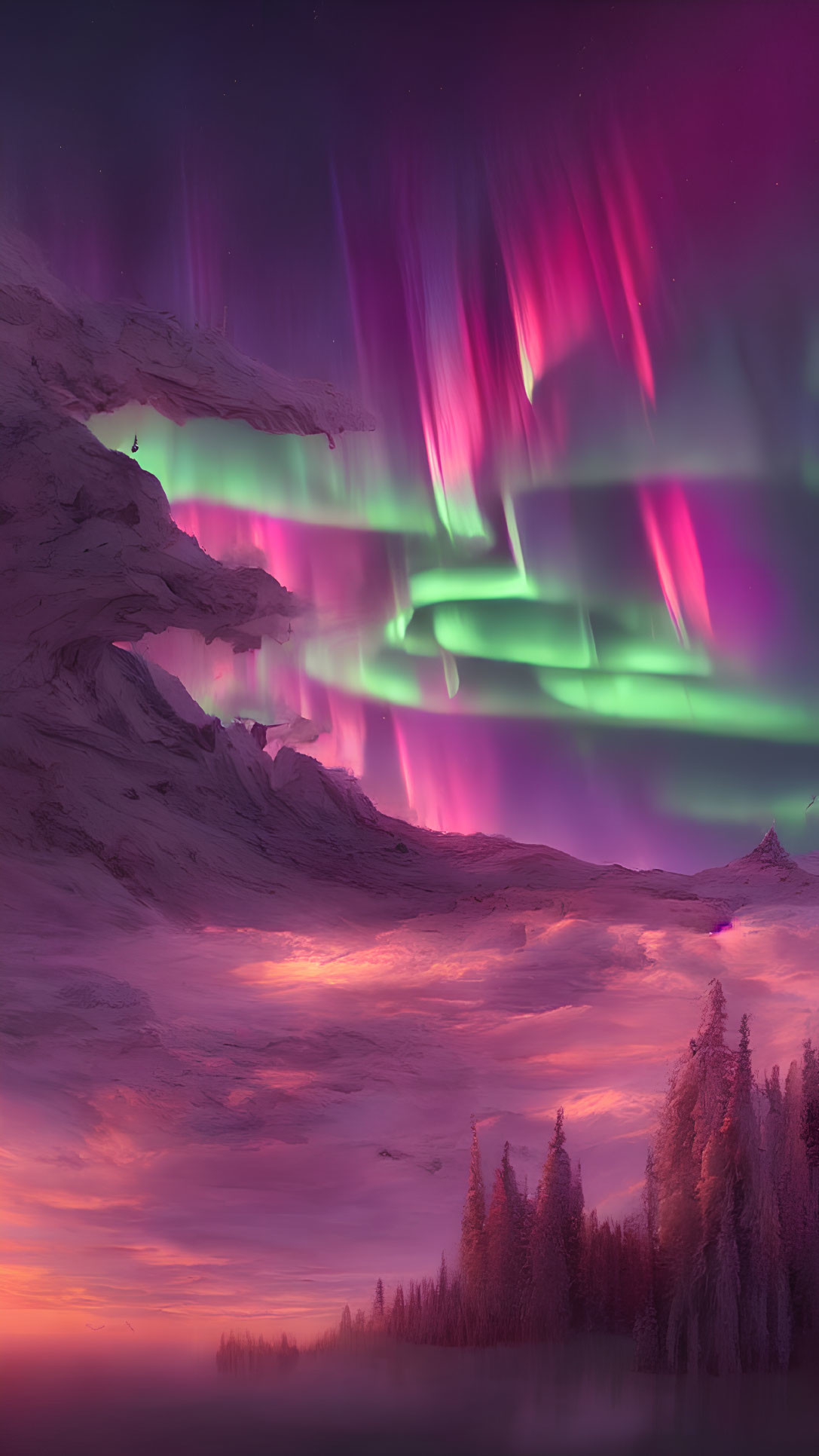 Twilight sky with vivid aurora borealis over snow-covered landscape