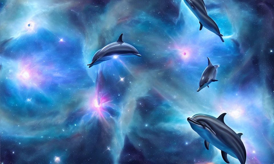 Dolphins swimming in starry nebula with blue and pink hues